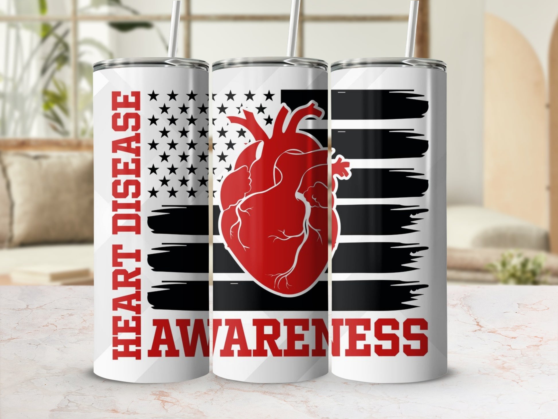 Heart Disease Awareness Black White Tumbler Set