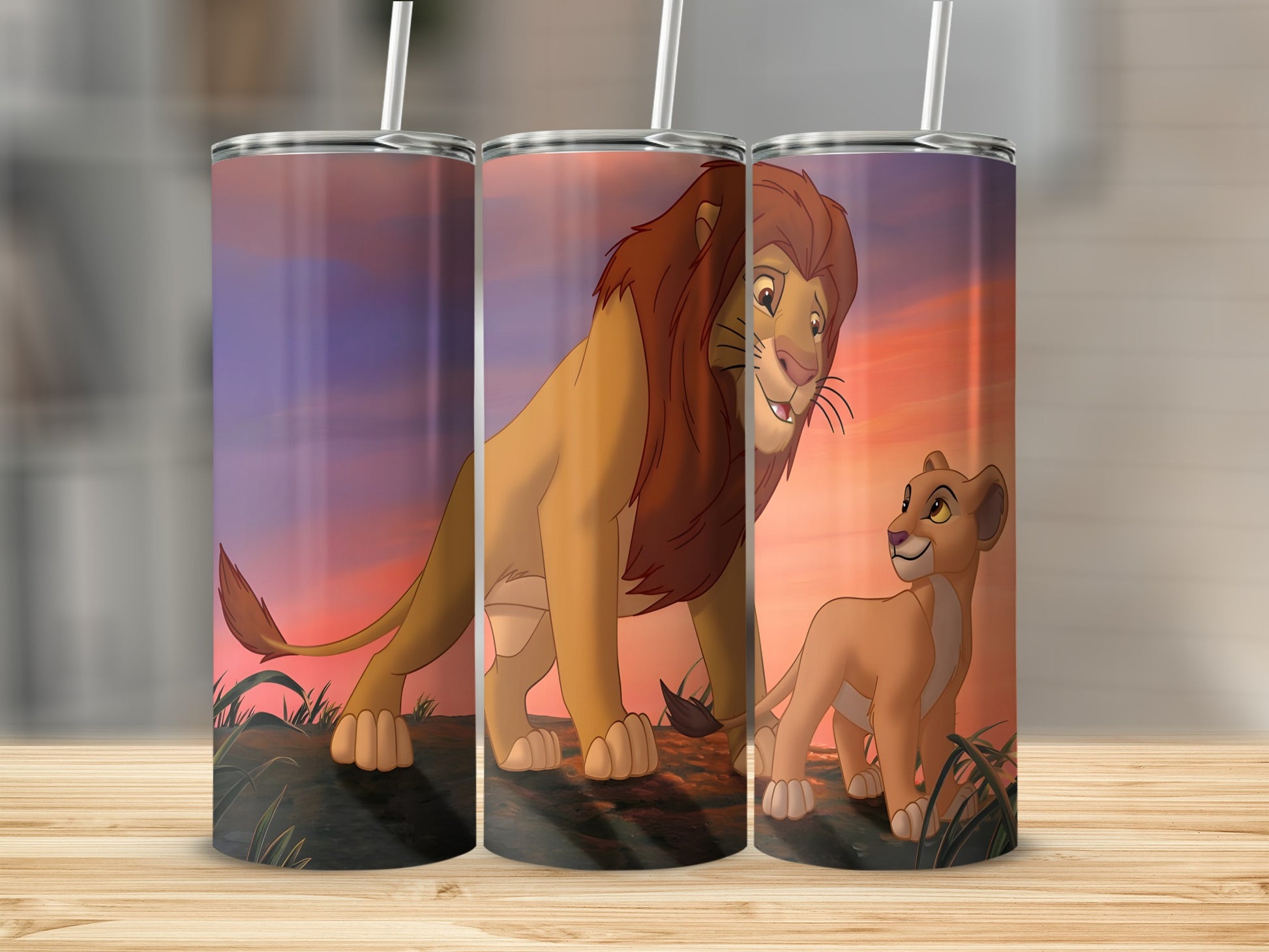 Lion King characters Simba and Mufasa on a sunset background.