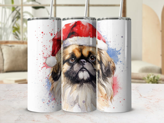Pekingese dog wearing a Santa hat, watercolor design on a tumbler.