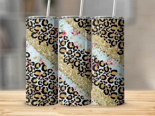 Glitter Leopard Print and Flower Design Tumbler