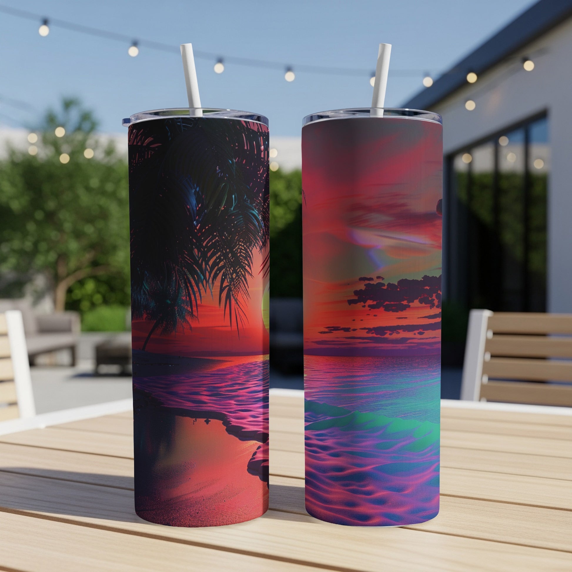 Two tumblers with tropical sunset beach and abstract sky designs.