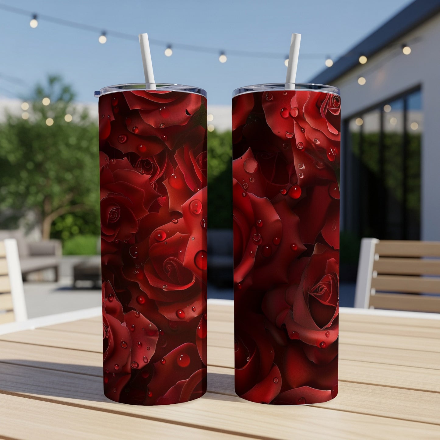 Two tumblers with a realistic dark red rose and water drop pattern.