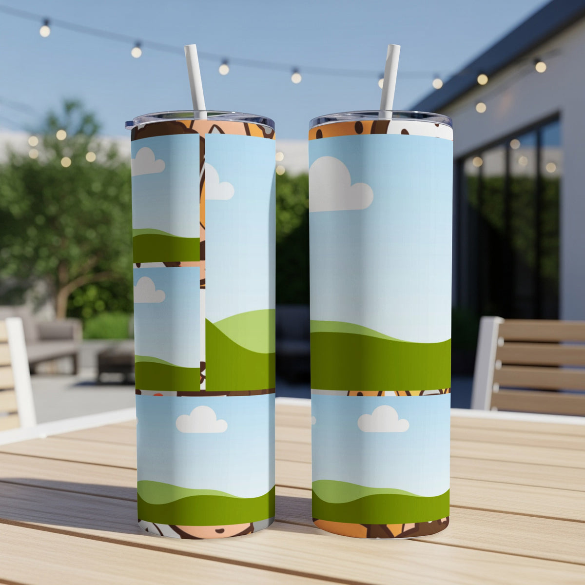 Two tumblers with cartoon landscape designs, featuring hills, sky, and clouds.