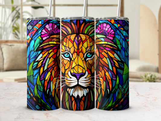Stained glass lion face tumbler with vibrant colorful details.