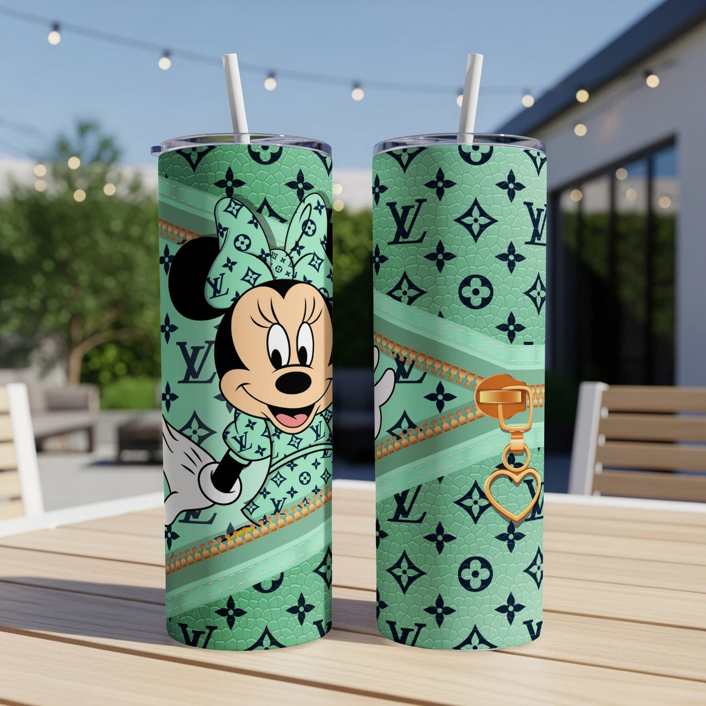 Minnie Mouse with LV pattern on green tumbler, zipper with heart charm.