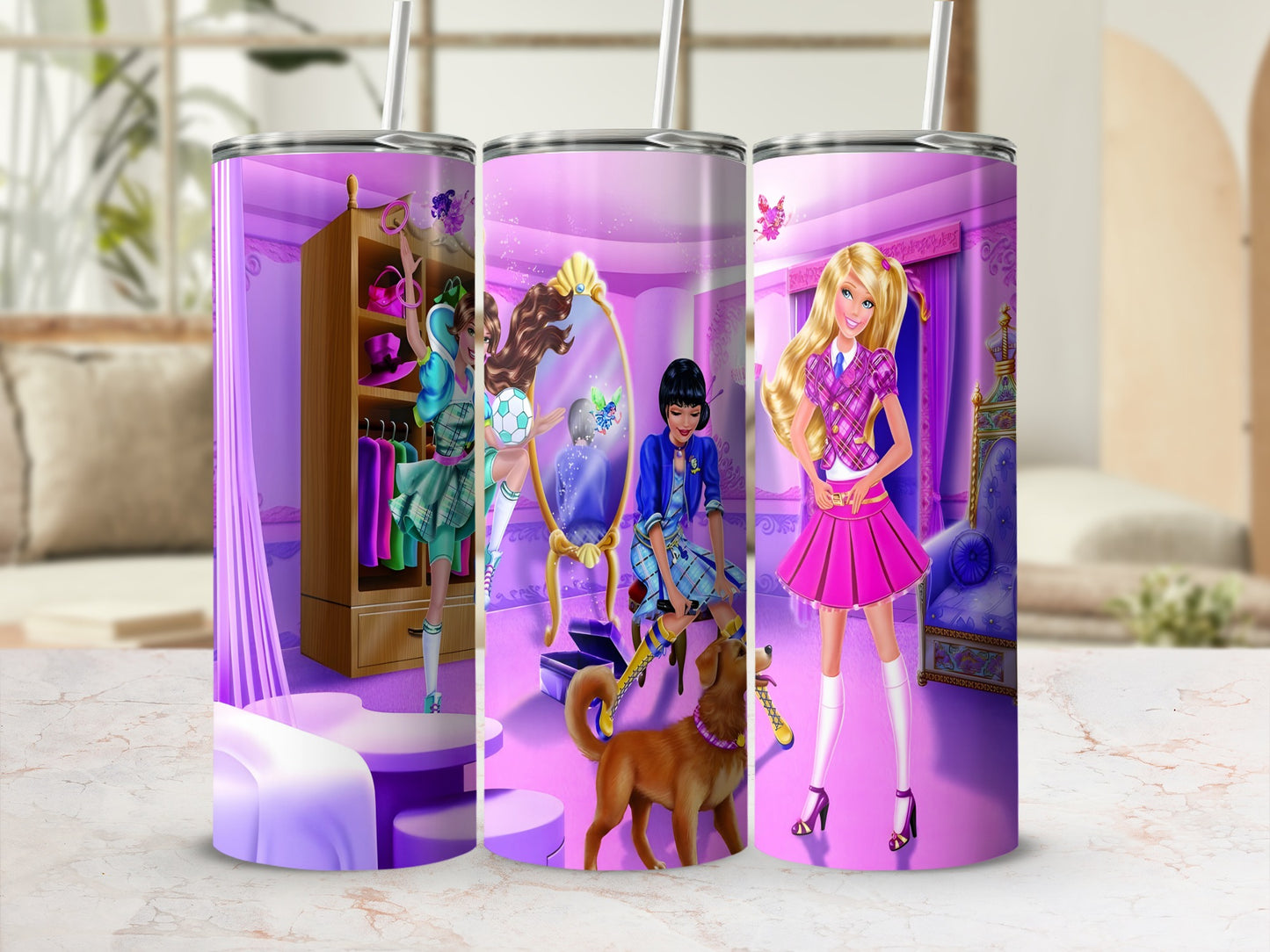 Three tumblers show Barbie in her bedroom with clothes, a mirror, and a dog.