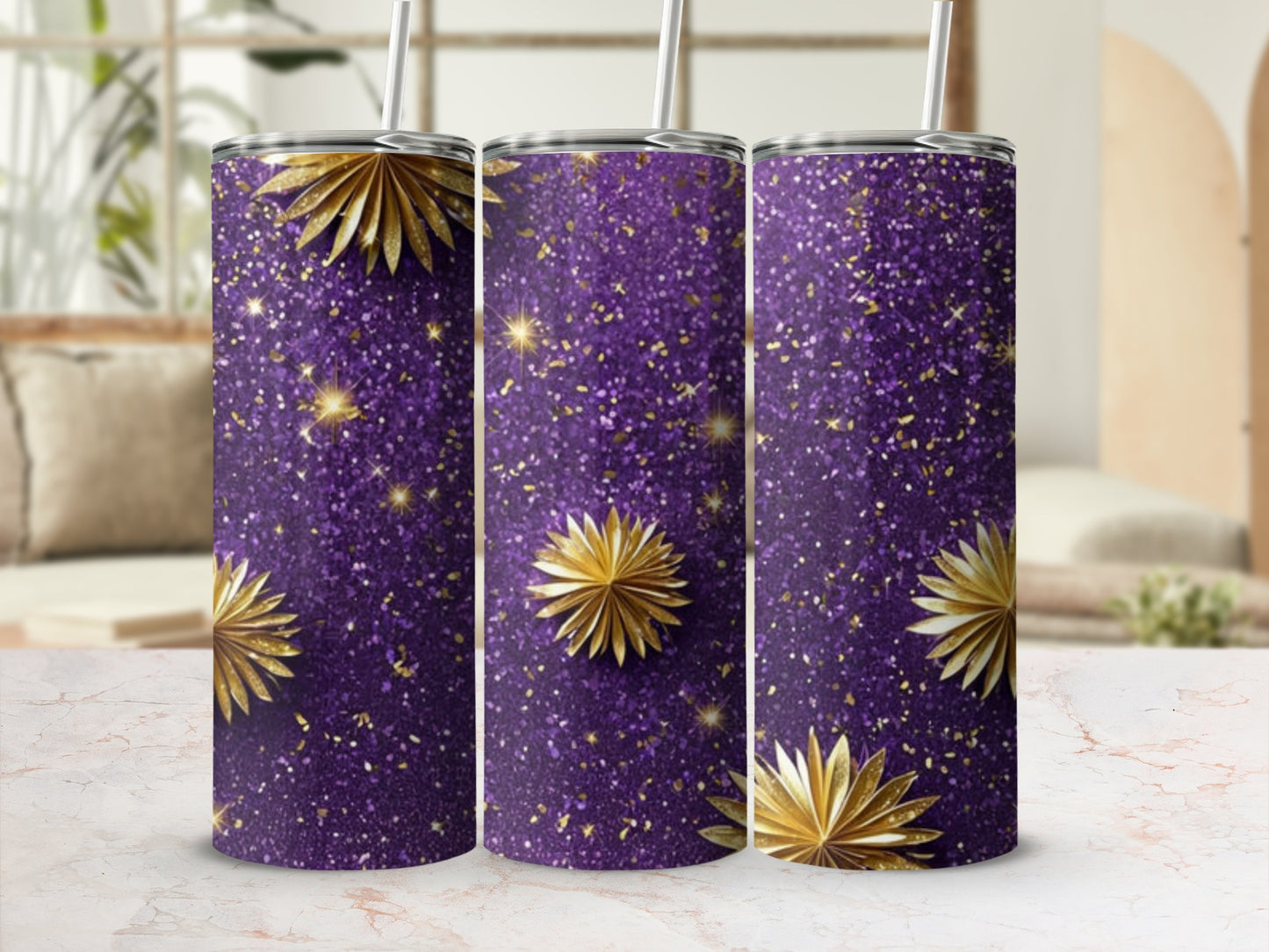 Purple tumbler with gold glitter and floral accents.
