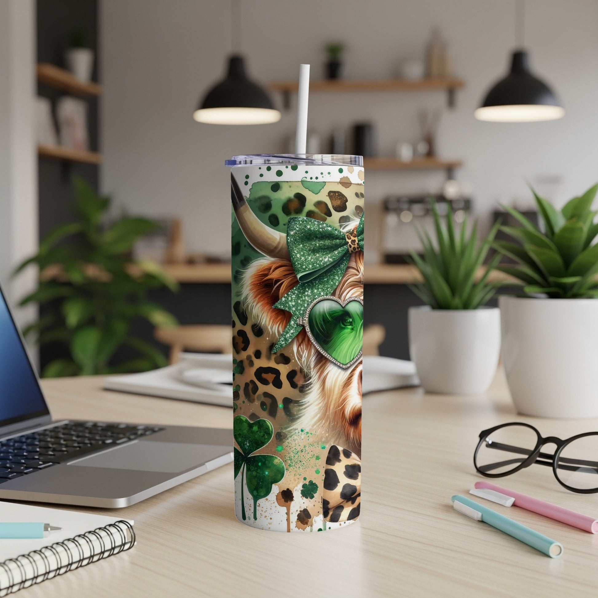 Green St. Patrick's Day themed tumbler with highland cow and shamrocks.
