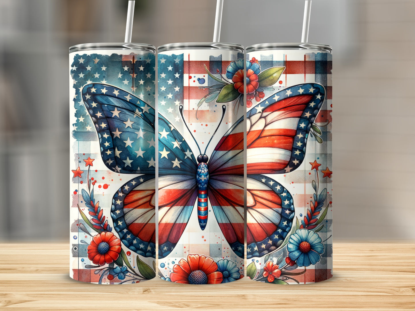 Patriotic butterfly tumbler with red, white, and blue stars and stripes.