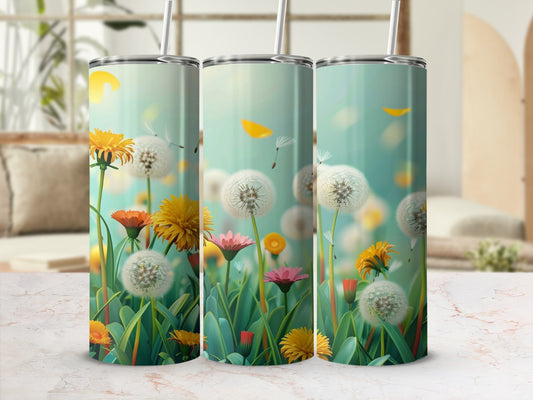 Three tumblers with dandelions and wildflowers on a marbled surface.