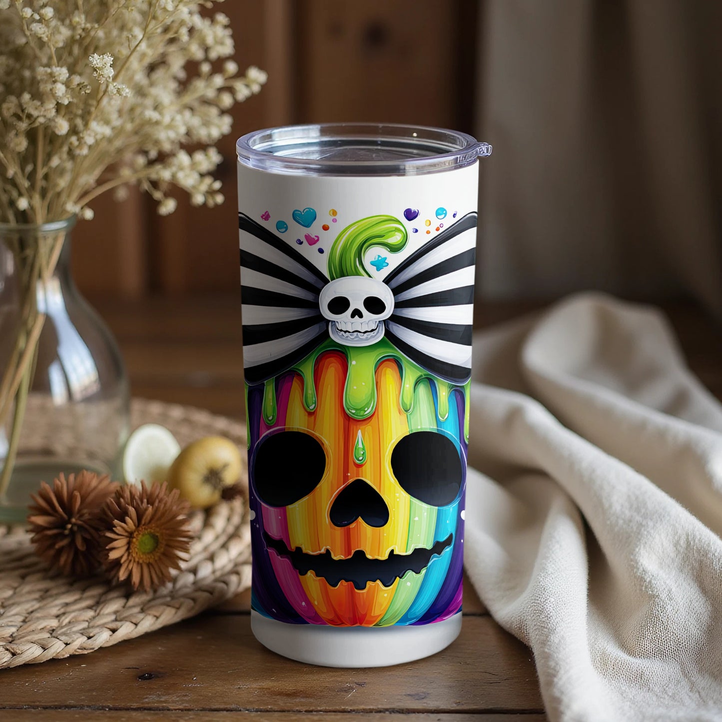 Rainbow Skull Pumpkin Decorated Tumbler for Halloween