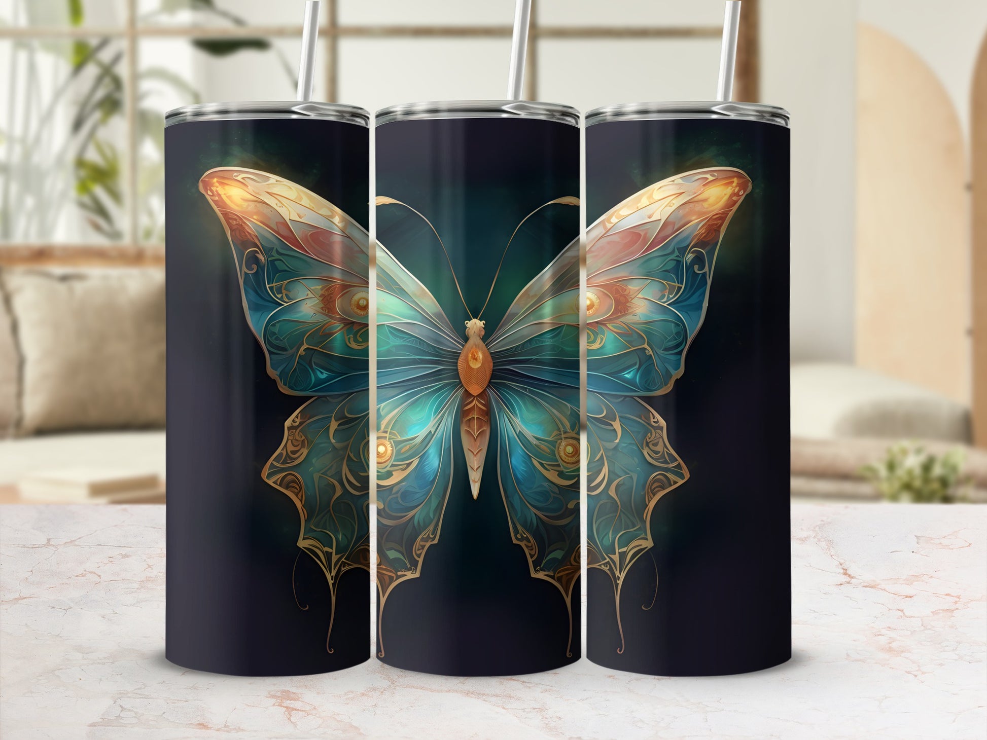 Three dark tumblers featuring a detailed blue and gold butterfly design.