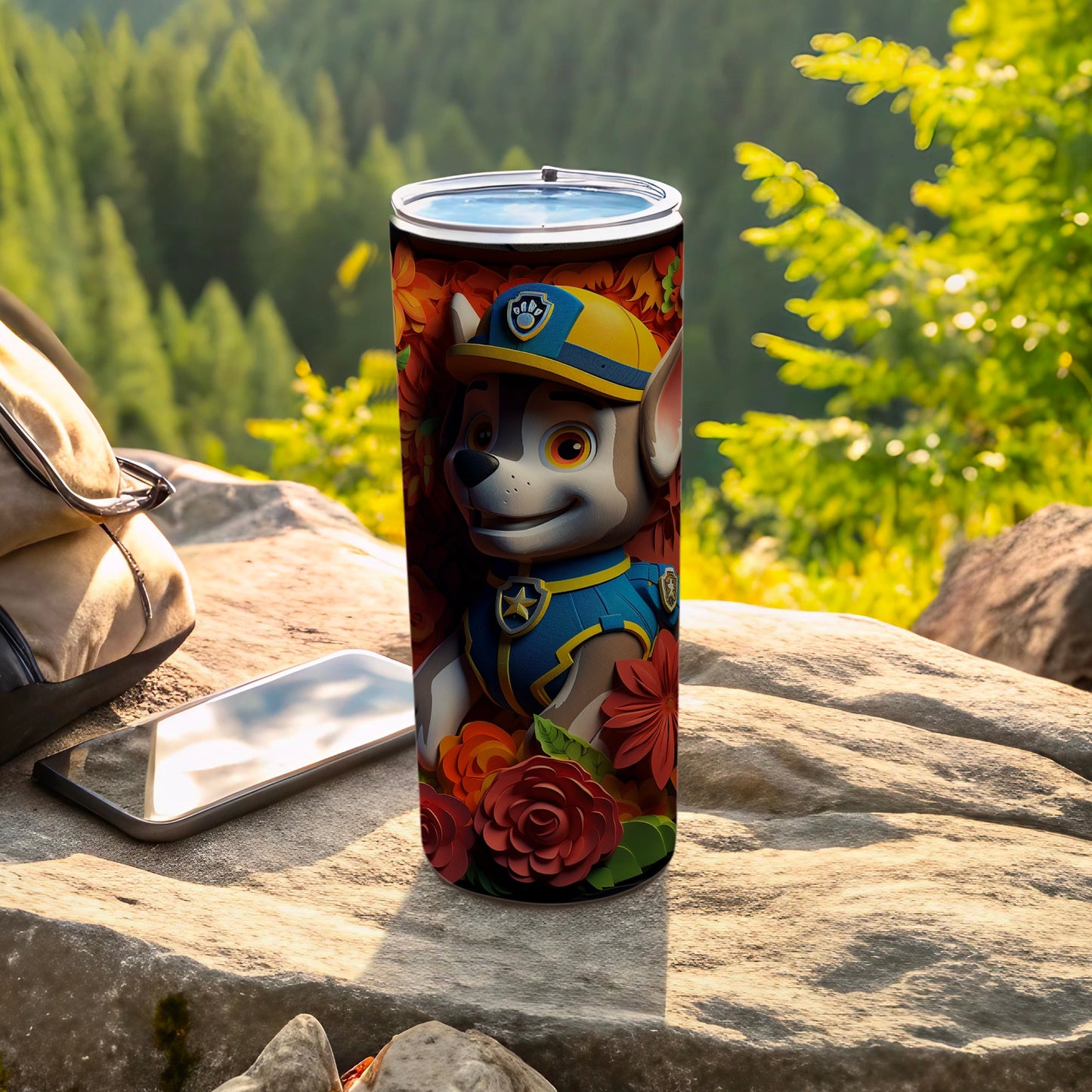 Vibrant Hero Dog with Flowers Outdoor Drinkware