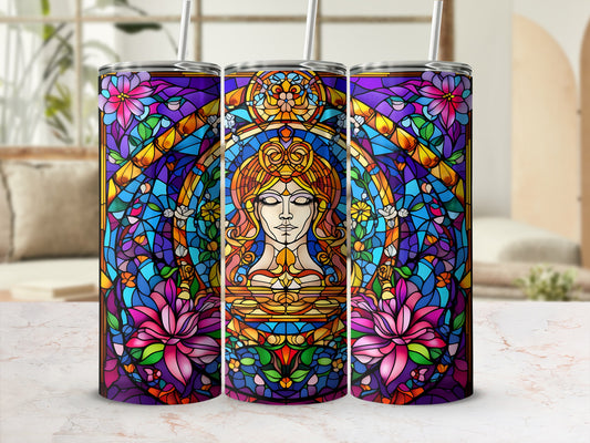 Three stained-glass inspired tumblers featuring a woman's face with floral accents.