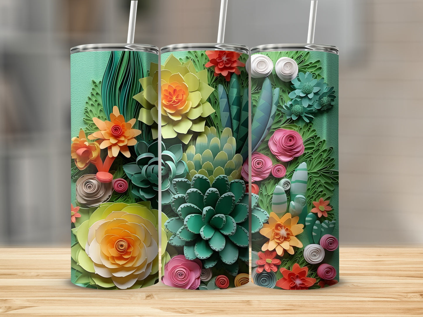 Colorful Floral Succulent Design Travel Tumbler