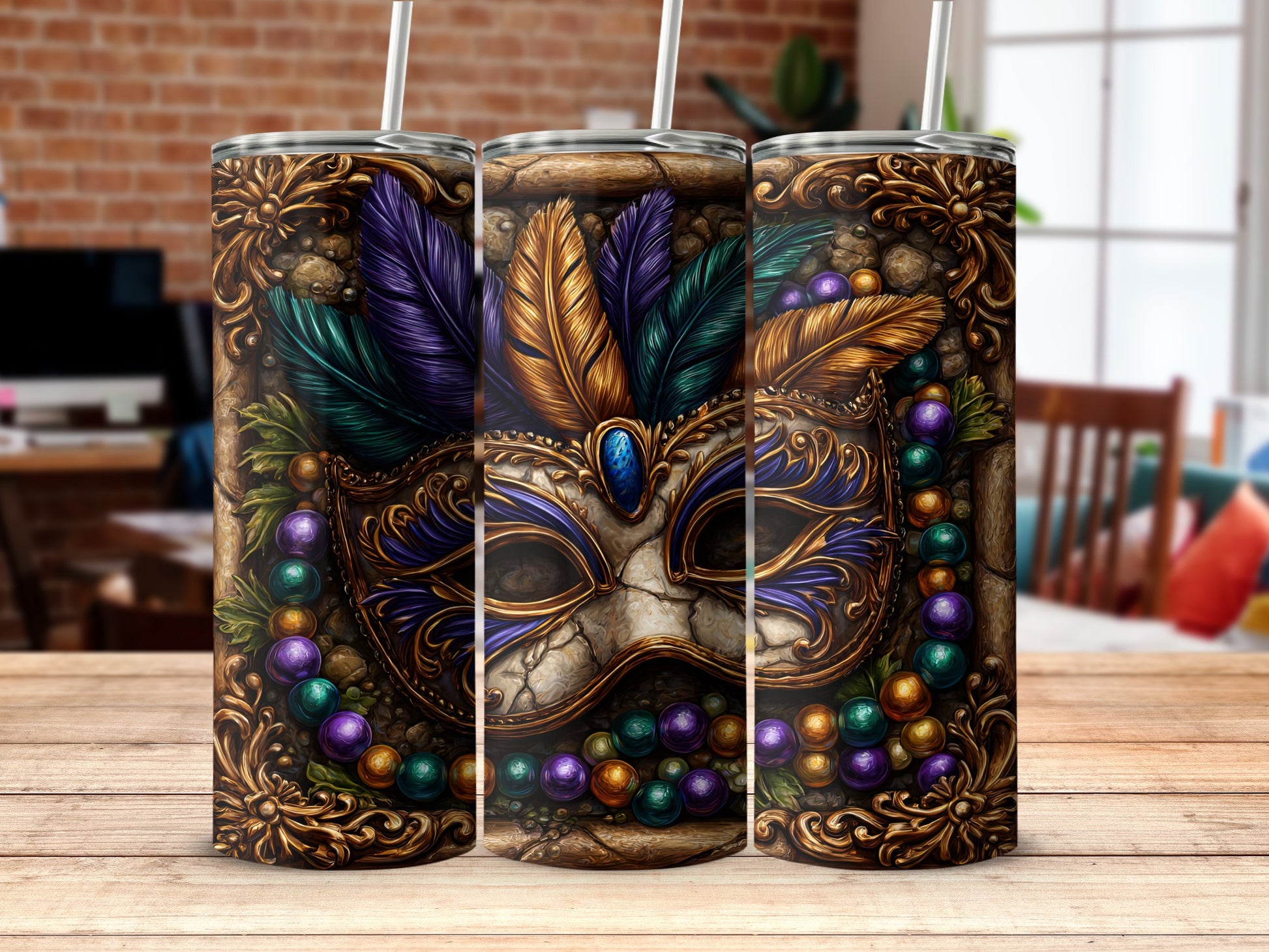 Intricately Designed Colorful Feather Mask Tumbler