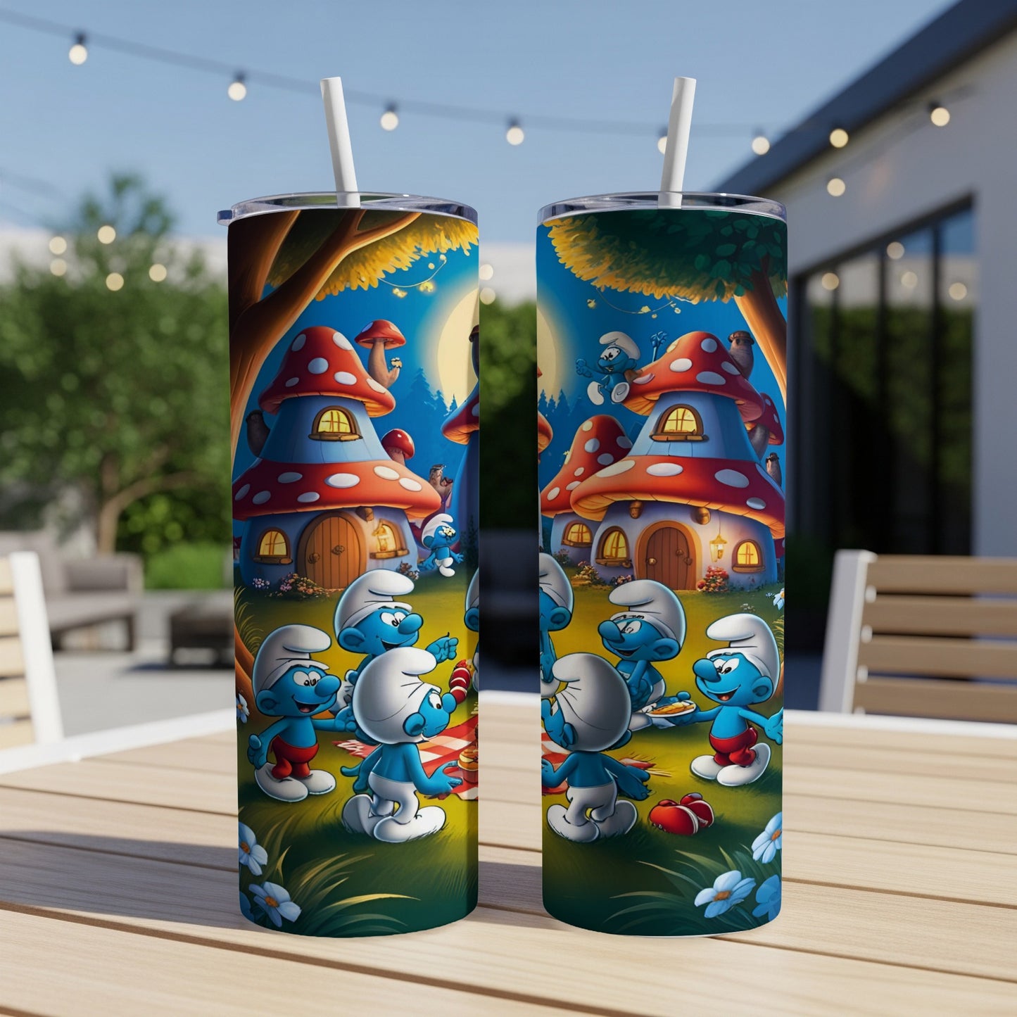 Smurfs having a picnic with mushroom houses in the background.
