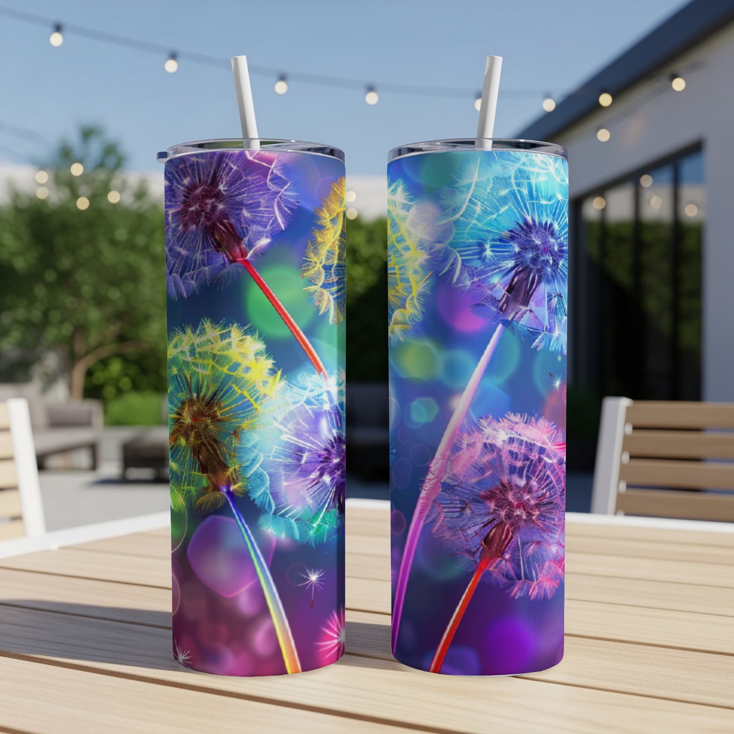 Two tumblers featuring vibrant dandelion seed heads against a bokeh background.