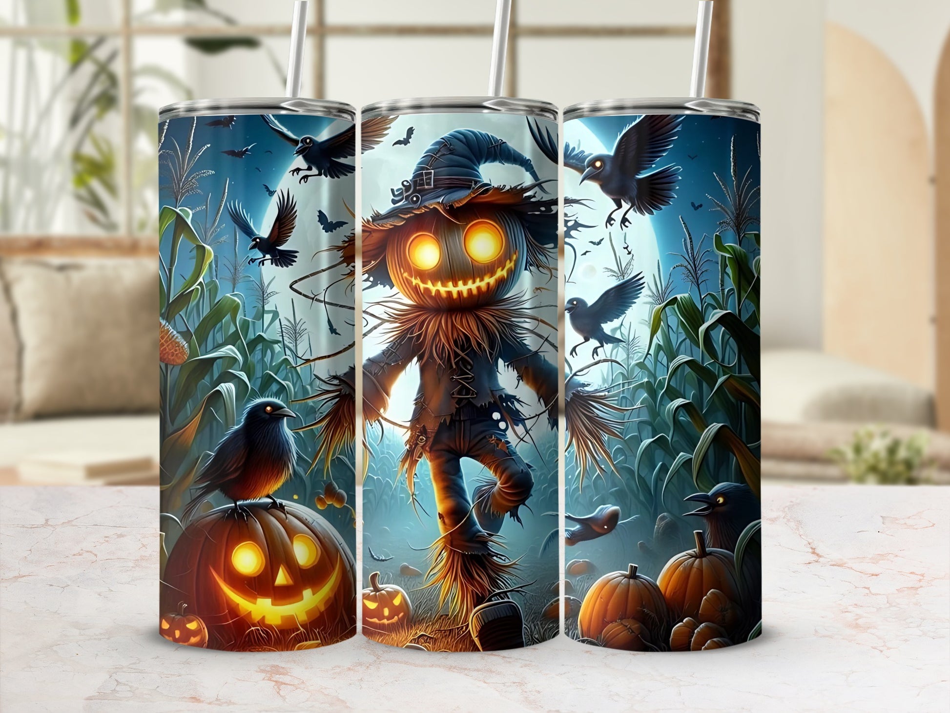 Halloween scarecrow, pumpkins, and crows in a cornfield under a full moon.