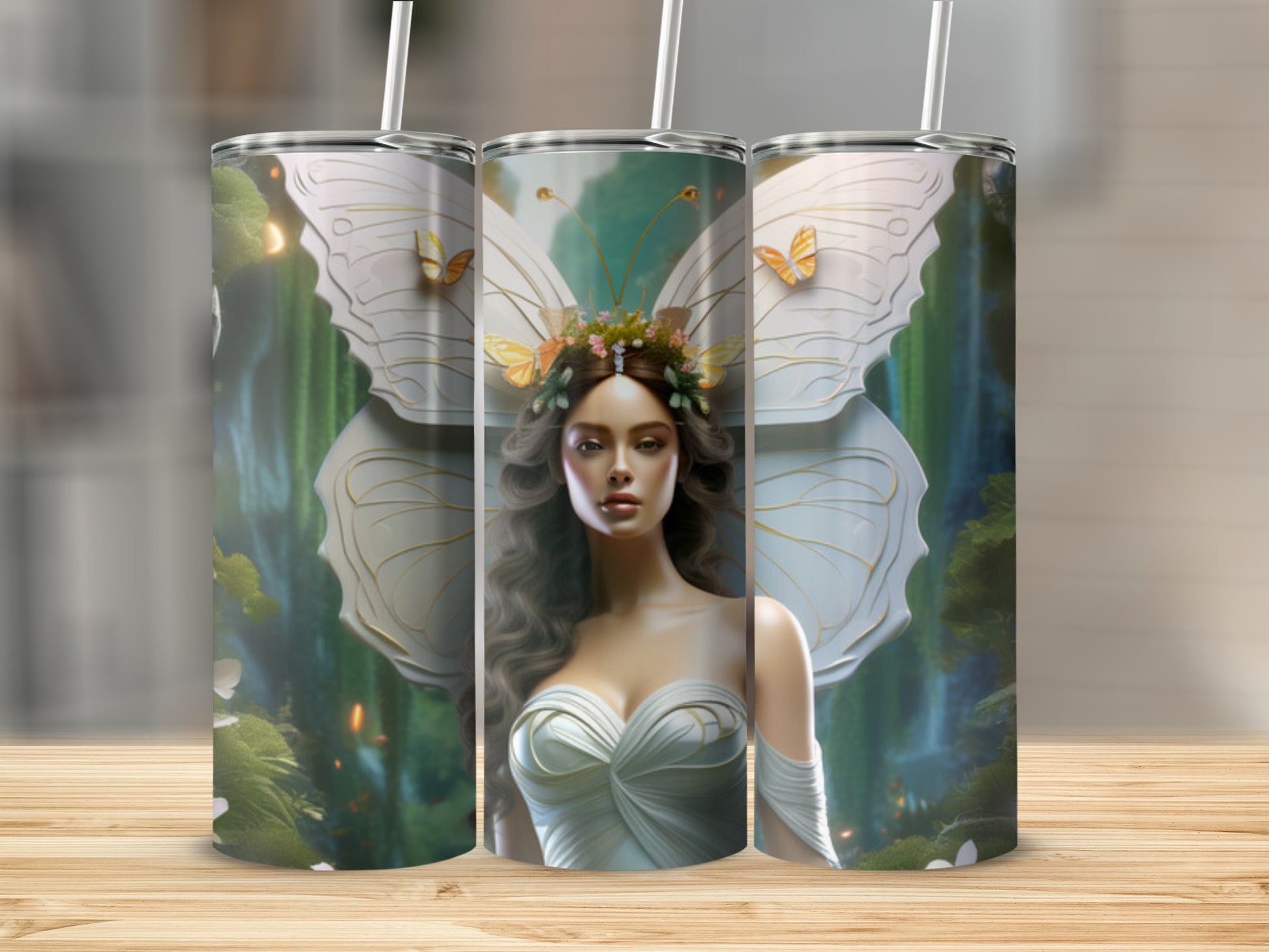 Fairy woman with large white wings and floral crown, forest background.