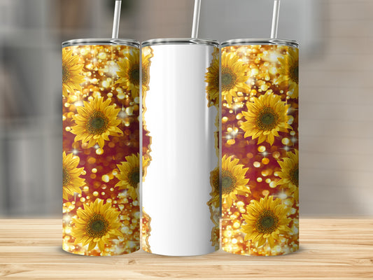 White tumbler with sunflowers and bokeh effect.