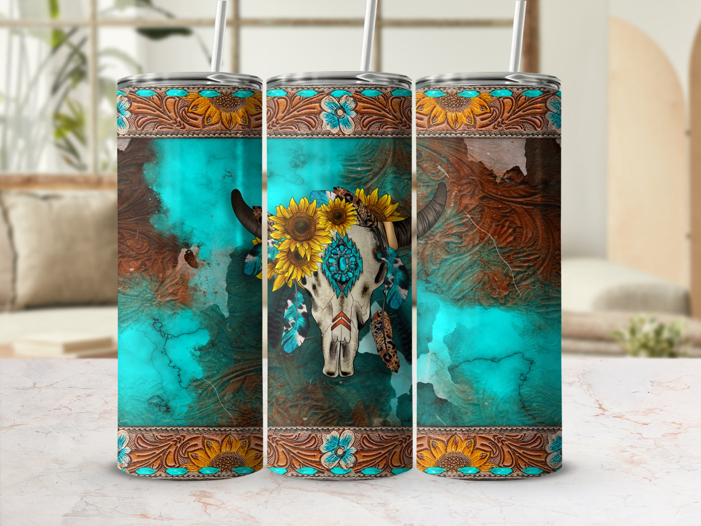 Cow skull with sunflowers and feathers on distressed turquoise background.