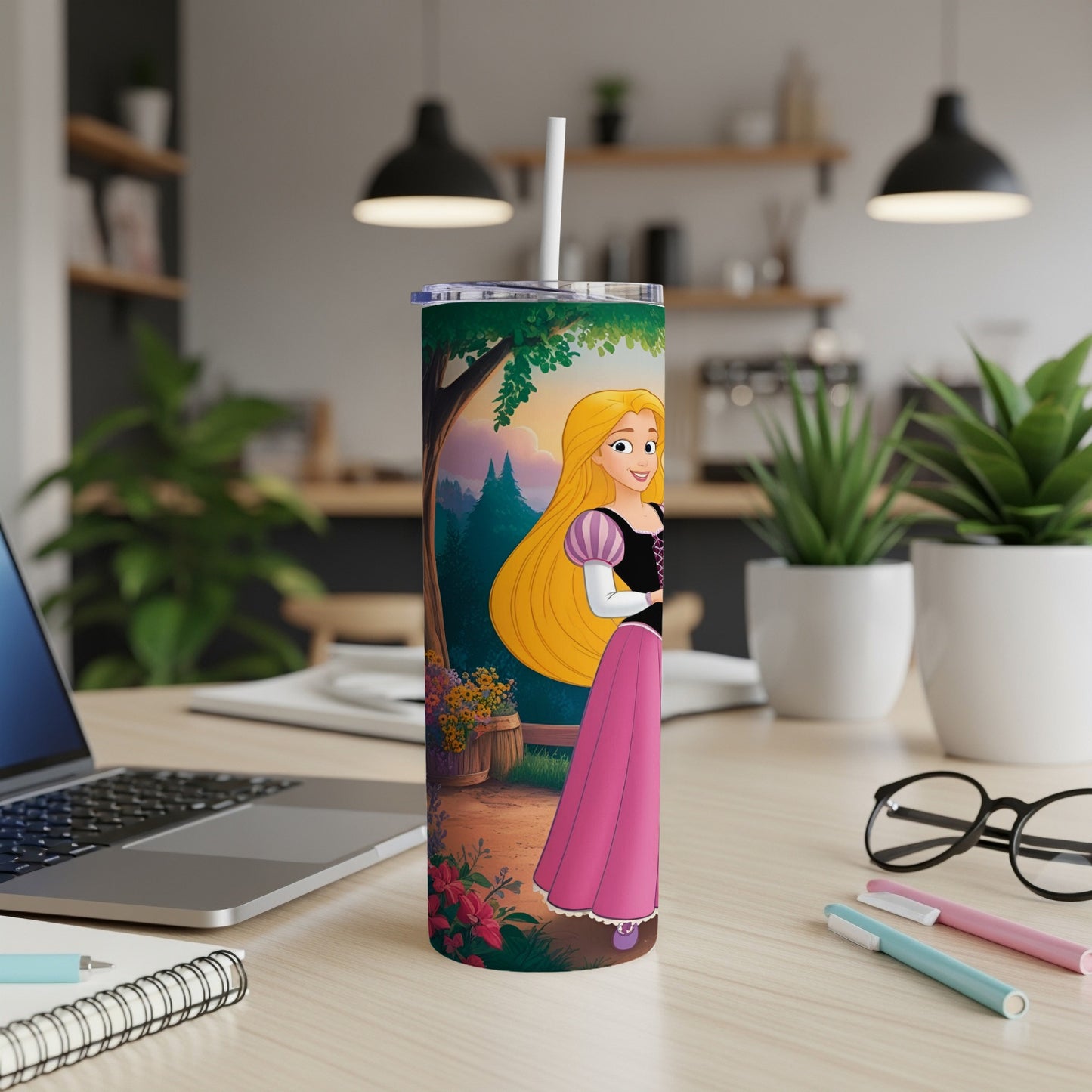 Rapunzel on a tumbler with a floral and forest background.