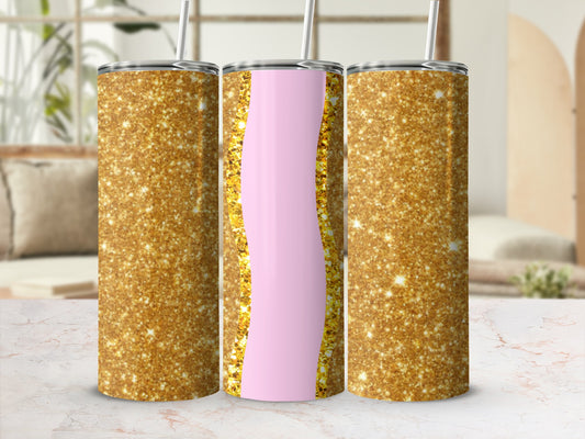 Three glitter tumblers with pink and gold design, on a marble surface.