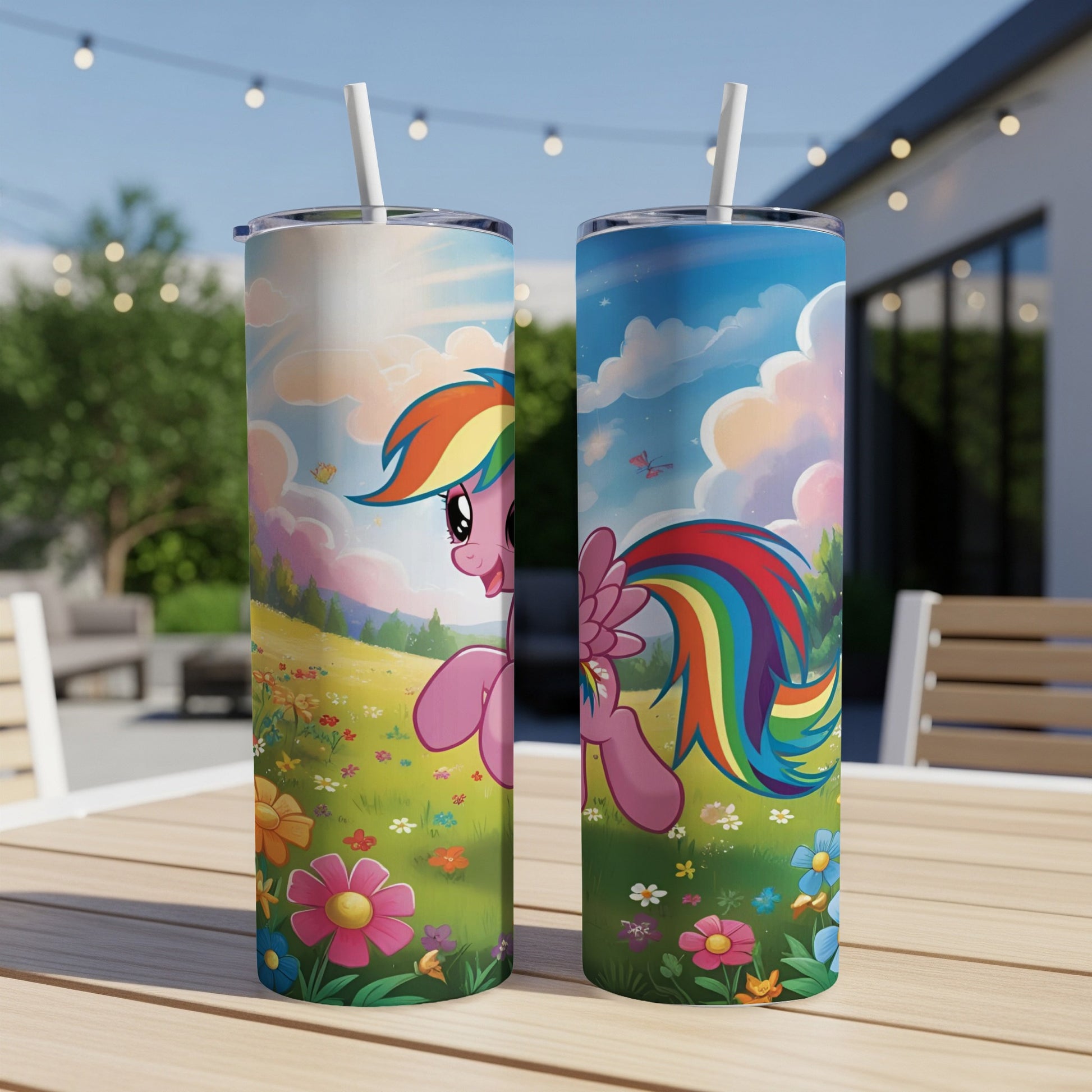 Rainbow Dash from My Little Pony on a colorful, floral tumbler.