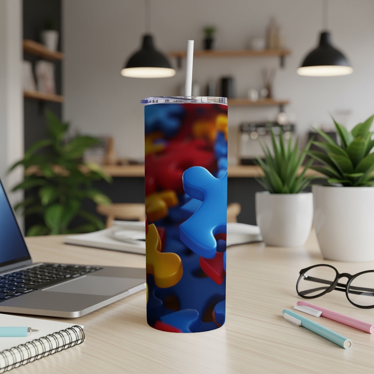 Tumbler with colorful puzzle pieces and a white straw, on a desk.