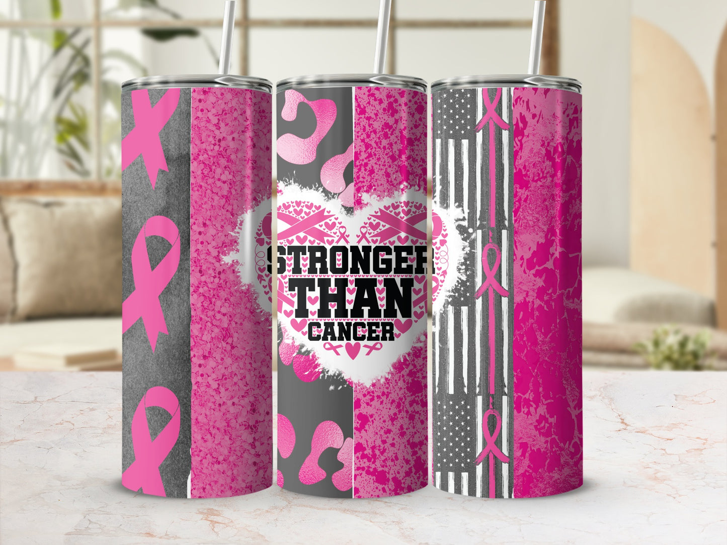 Tumbler with pink ribbons, leopard print, and distressed US flag.