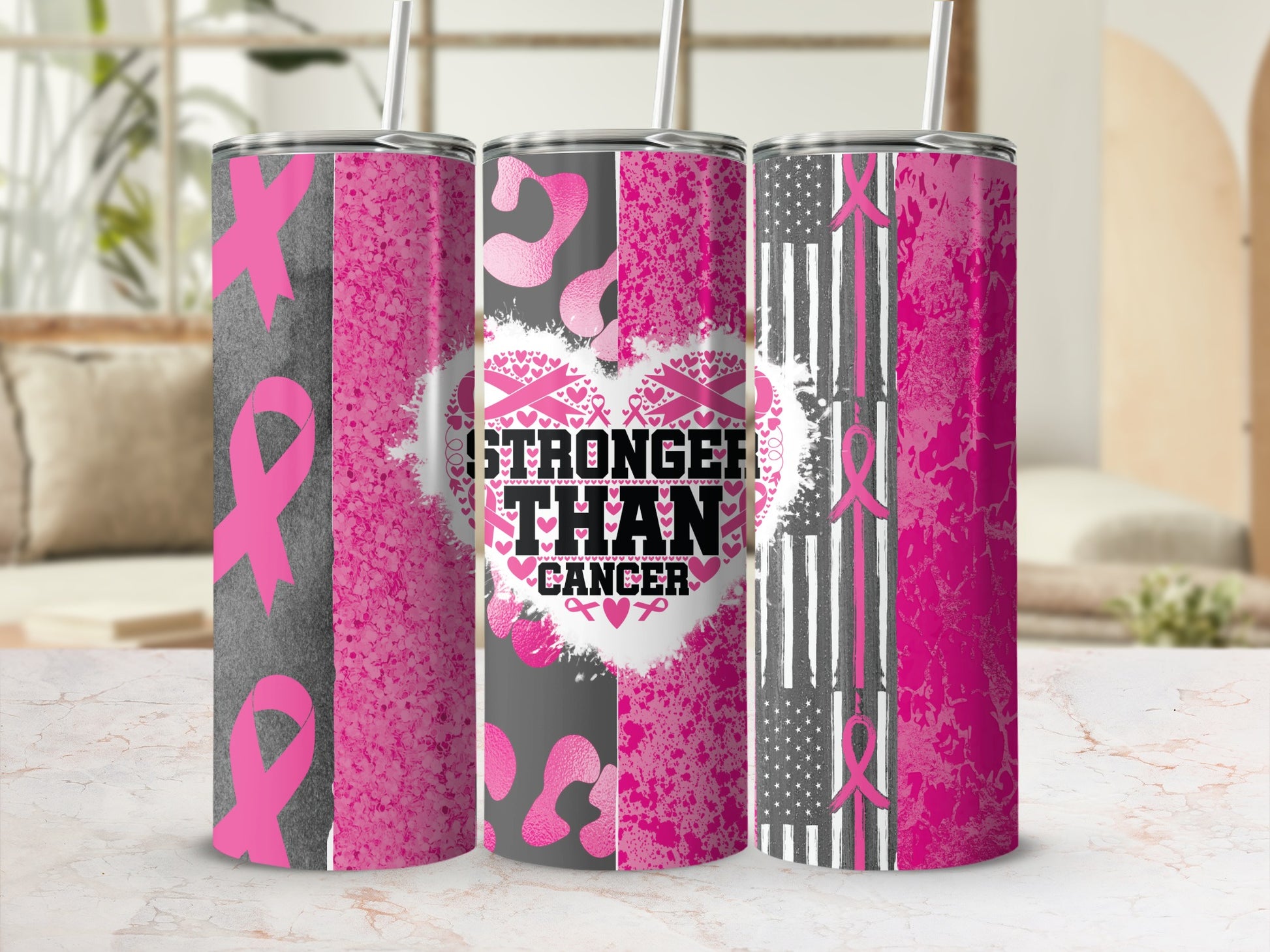 Tumbler with pink ribbons, leopard print, and distressed US flag.