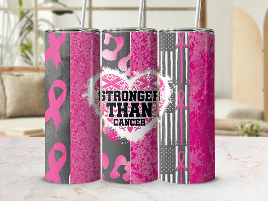 Tumbler with pink ribbons, leopard print, and distressed US flag.