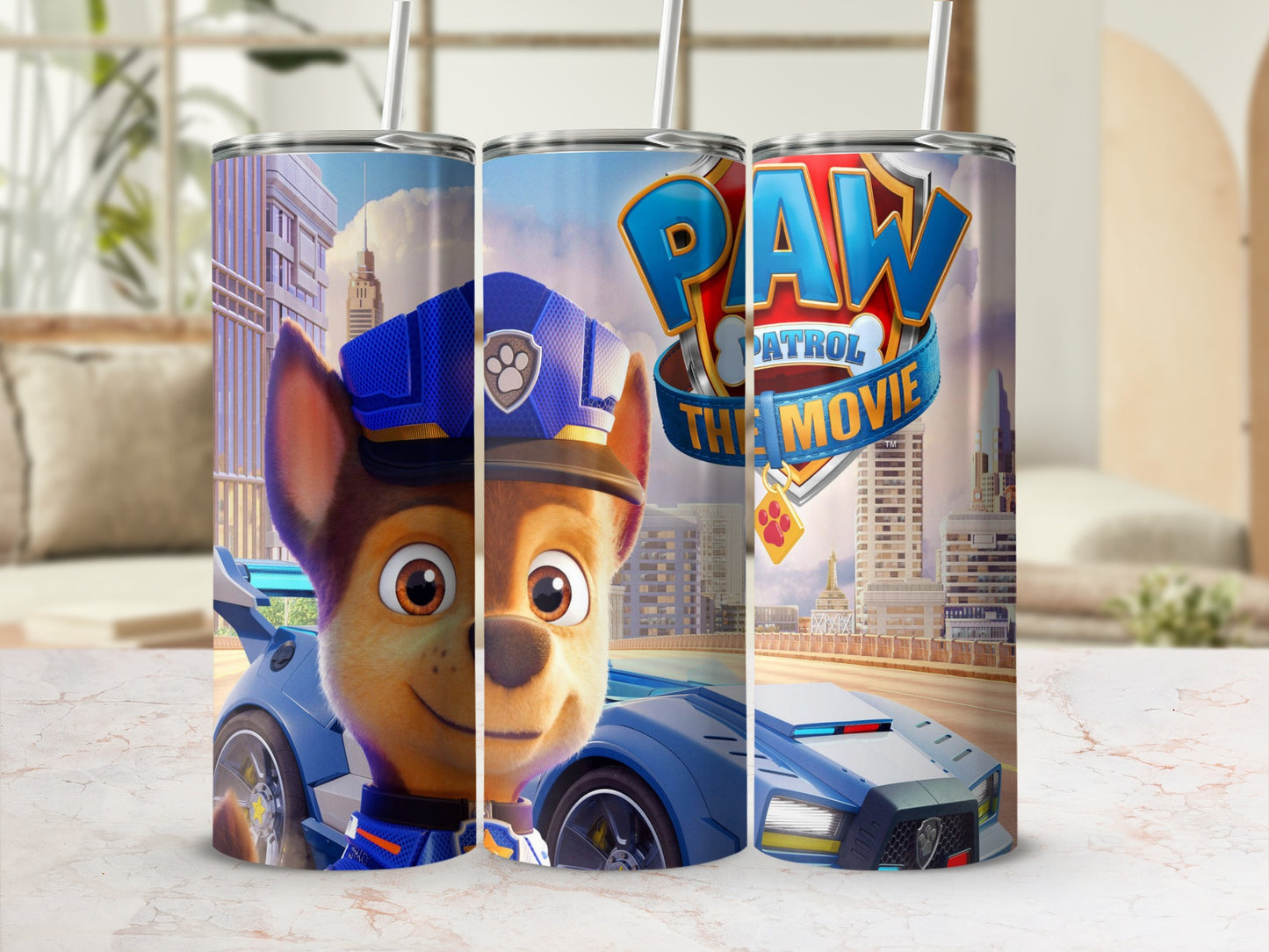 Paw Patrol: The Movie tumbler featuring Chase in a police car.