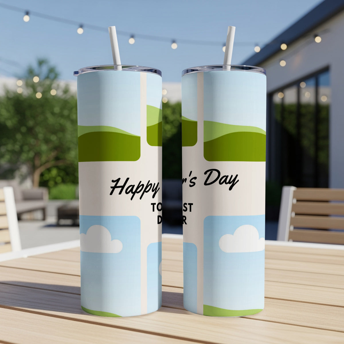 Two tumblers with "Happy Father's Day To The Best Dad" text on a light blue and green landscape design.