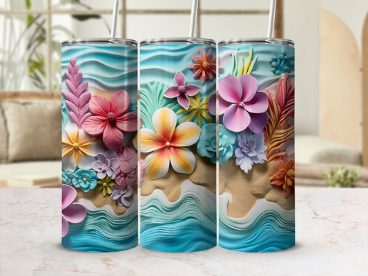 Three tropical floral tumblers with wavy ocean and sand designs.