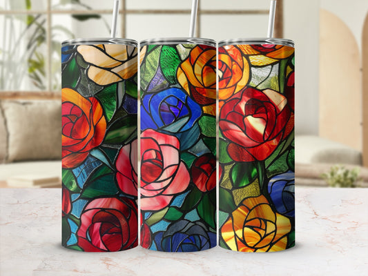 Floral stained glass pattern on three tumblers with straws.