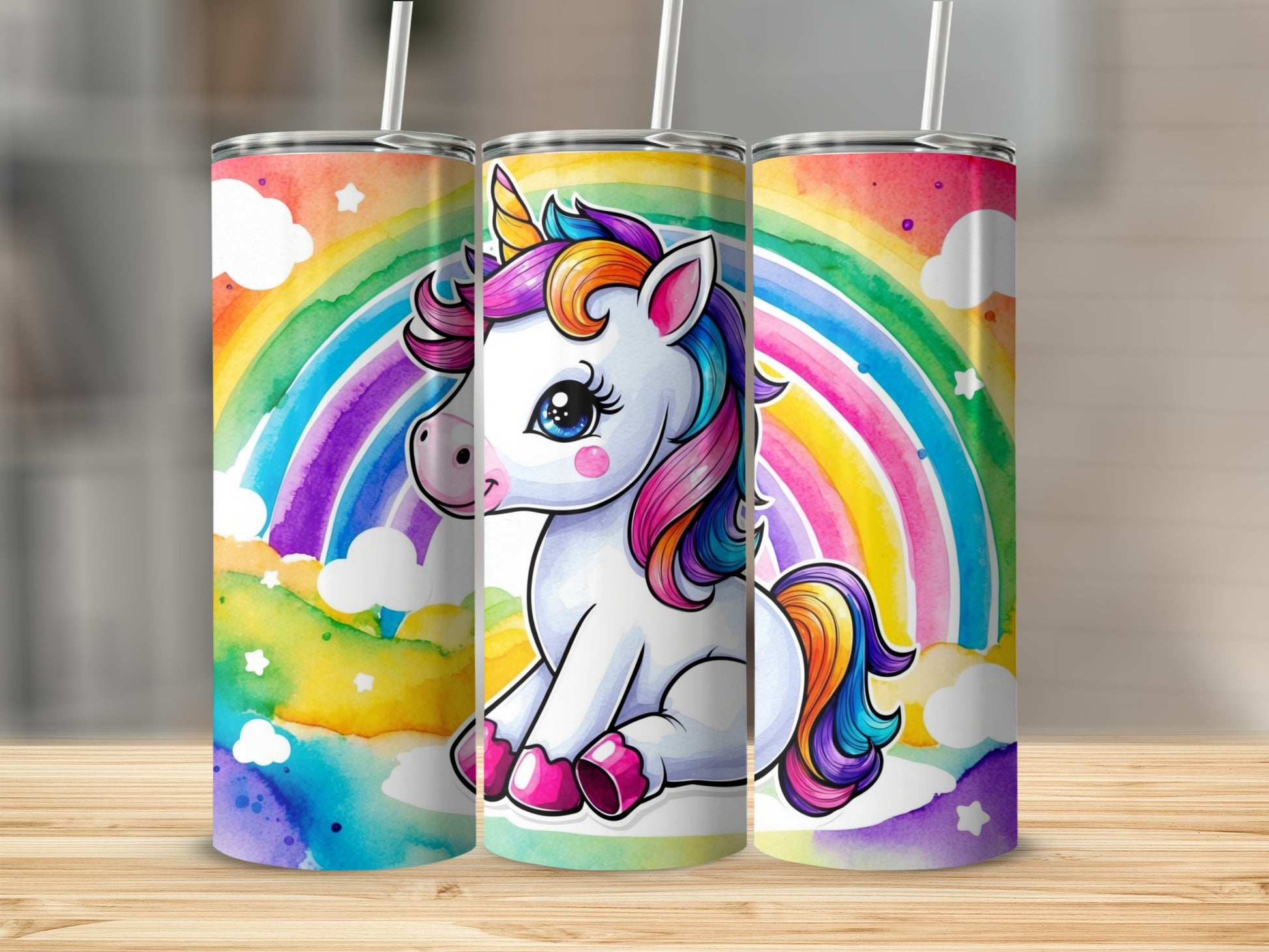 Cartoon unicorn with rainbow and clouds on a tumbler.