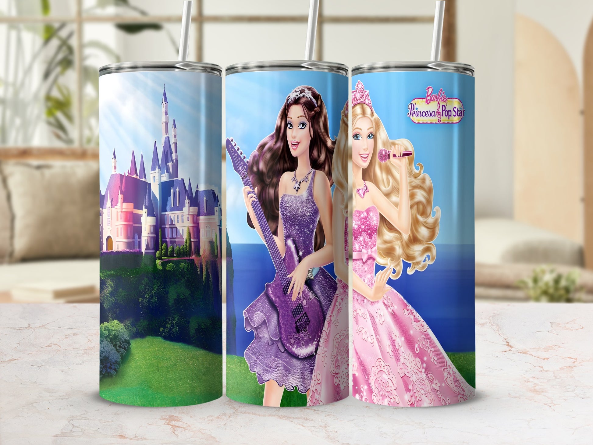 Barbie Princess and the Popstar characters on tumblers with a castle backdrop.