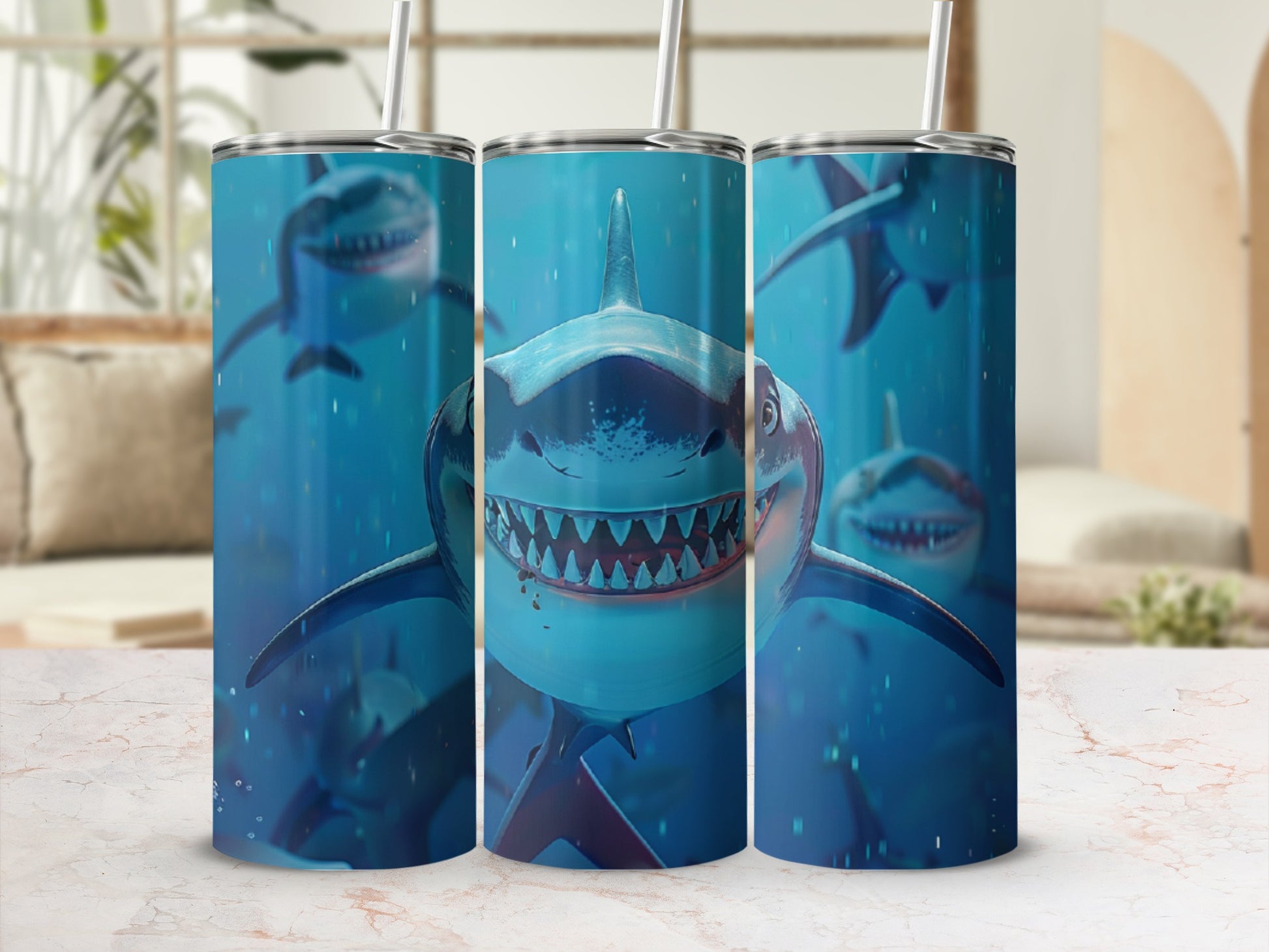 Three tumblers with a close-up of a shark's open mouth and sharp teeth.