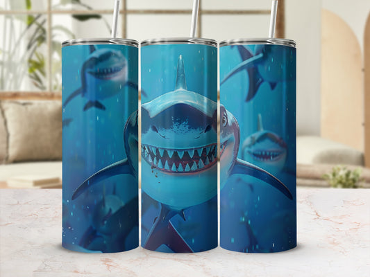 Three tumblers with a close-up of a shark's open mouth and sharp teeth.