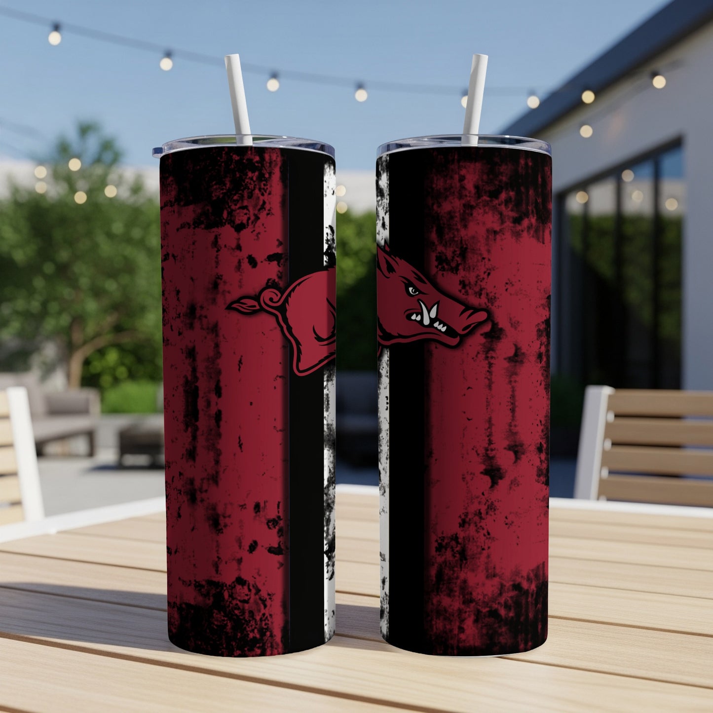 Two tumblers with a red and black grunge design featuring the Arkansas Razorbacks logo.