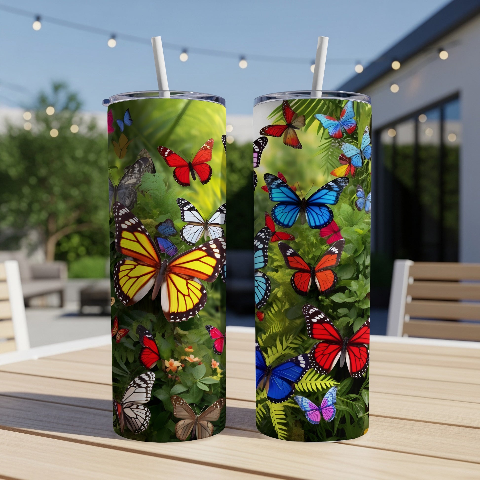 Two tumblers adorned with colorful butterflies and green foliage.