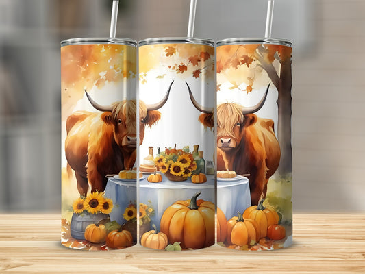 Autumn Highland Cow with Pumpkins and Sunflowers Tumbler