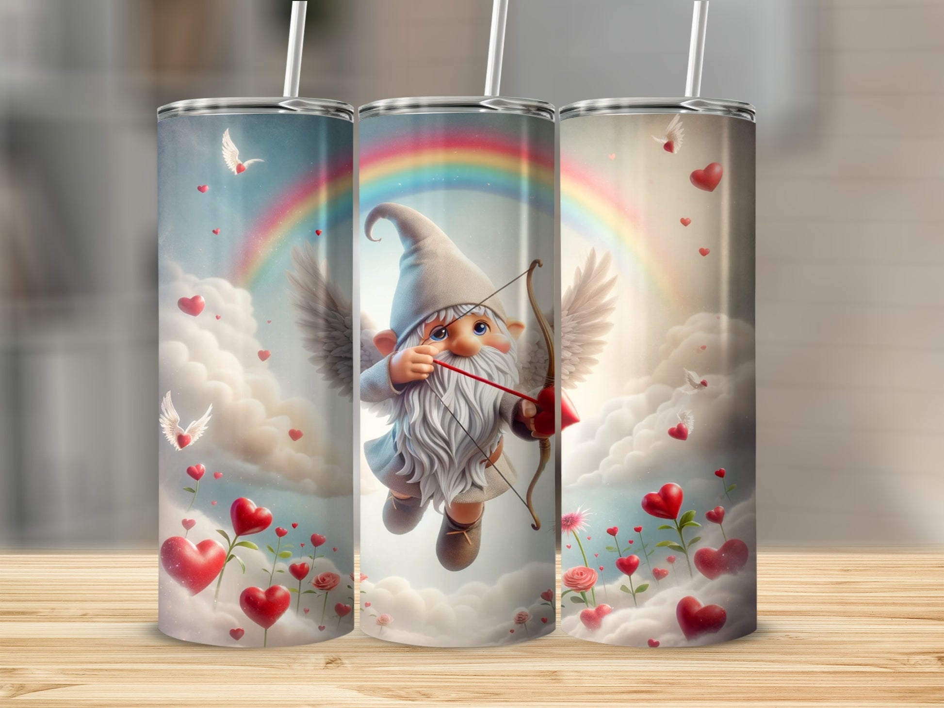 Cute Cupid Gnome with Hearts and Rainbow Tumbler Design