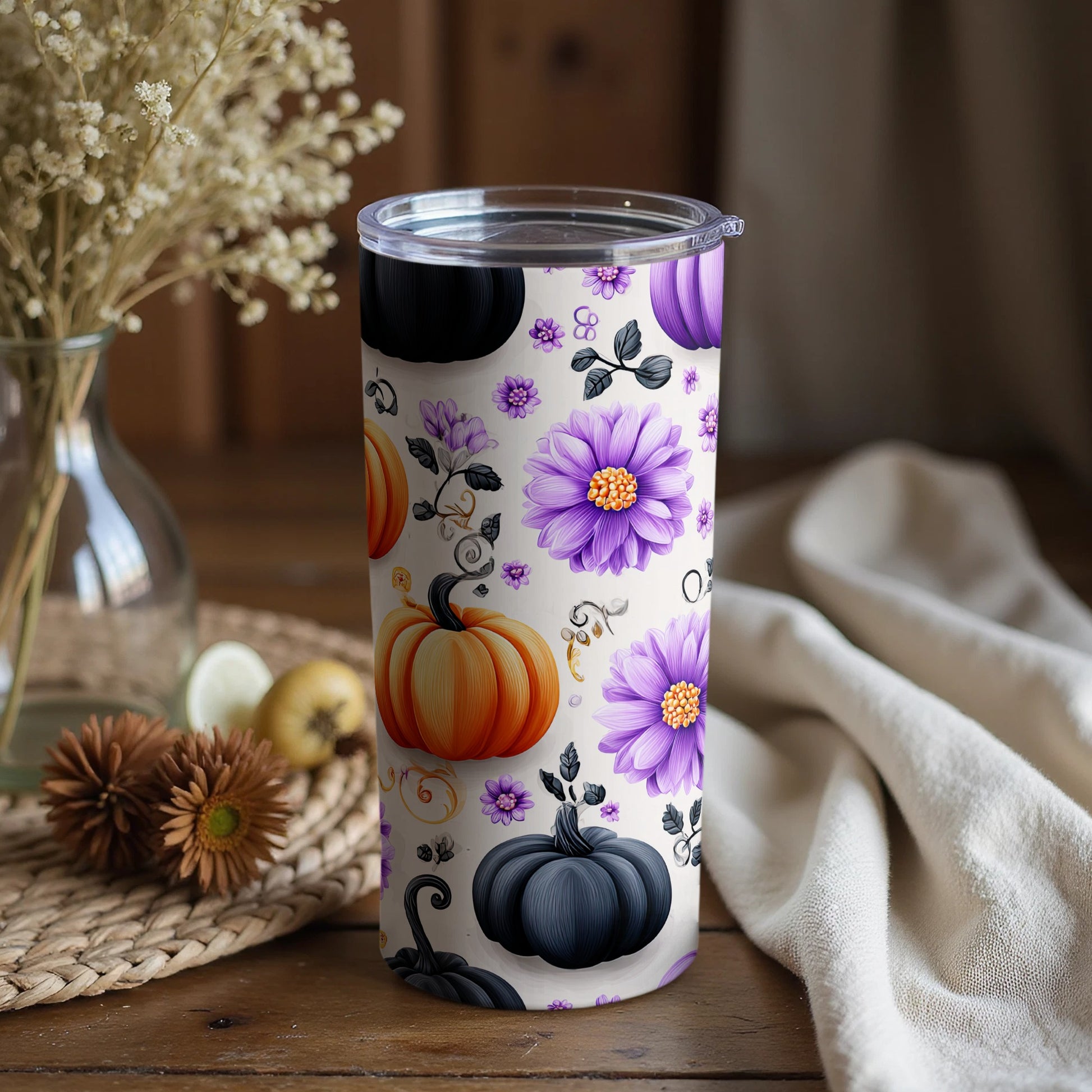 Floral and Pumpkin Design Tumbler for Festive Vibes