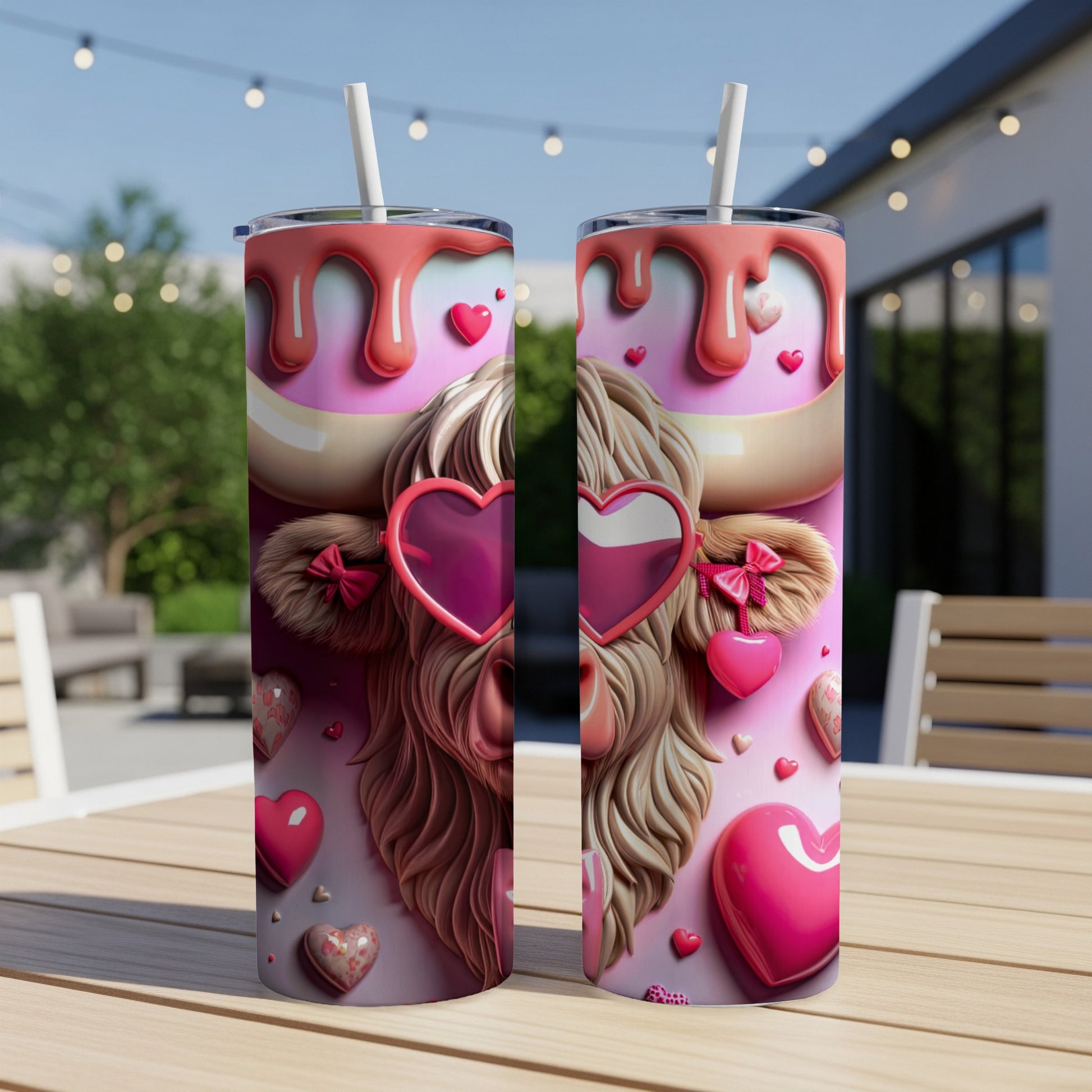 Two heart-patterned tumblers with cow face and sunglasses on outdoor table.