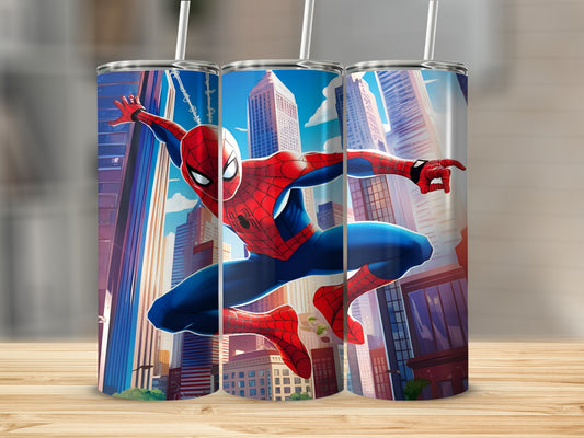 Spiderman in a dynamic pose against a cityscape, on a tall, cylindrical tumbler.