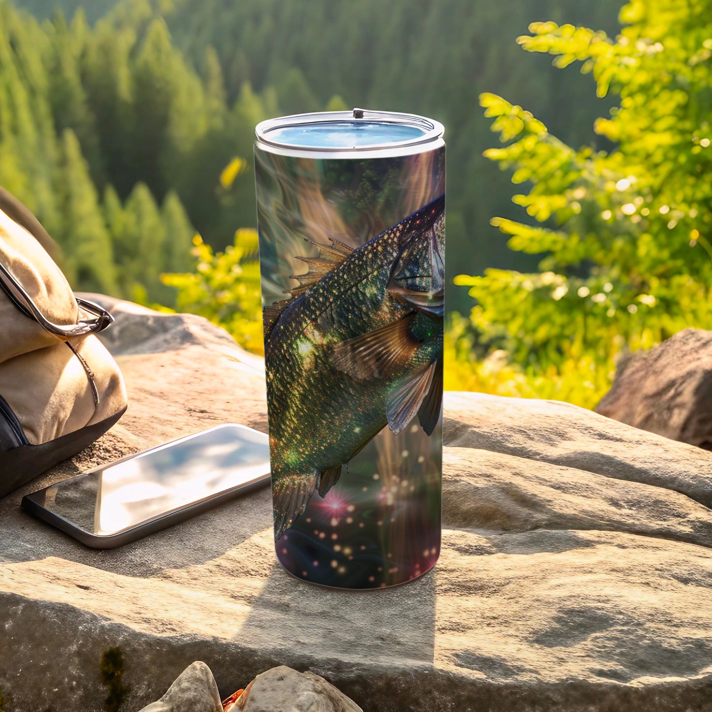 Tall tumbler with realistic bass fish design, on rock with phone.