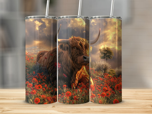 Highland cow in a field of red poppies under a dramatic sky.